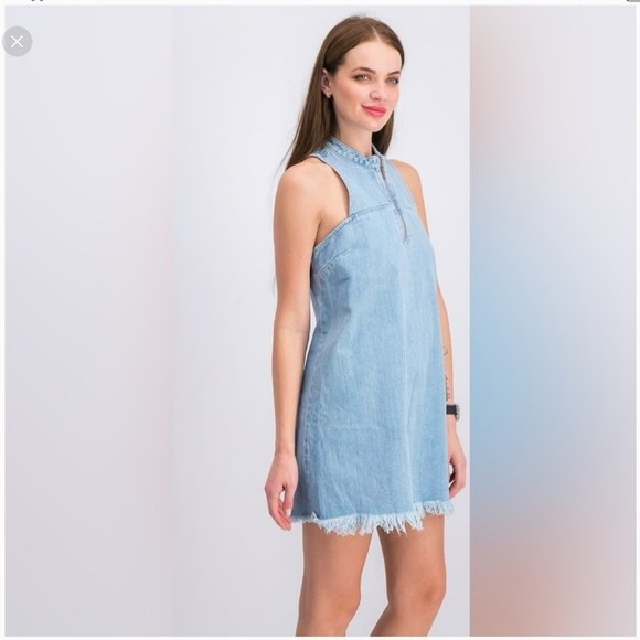 Guess Womens Cotton Halter Distressed Relaxed Denim Mini Dress Blue Size Small - Picture 2 of 12